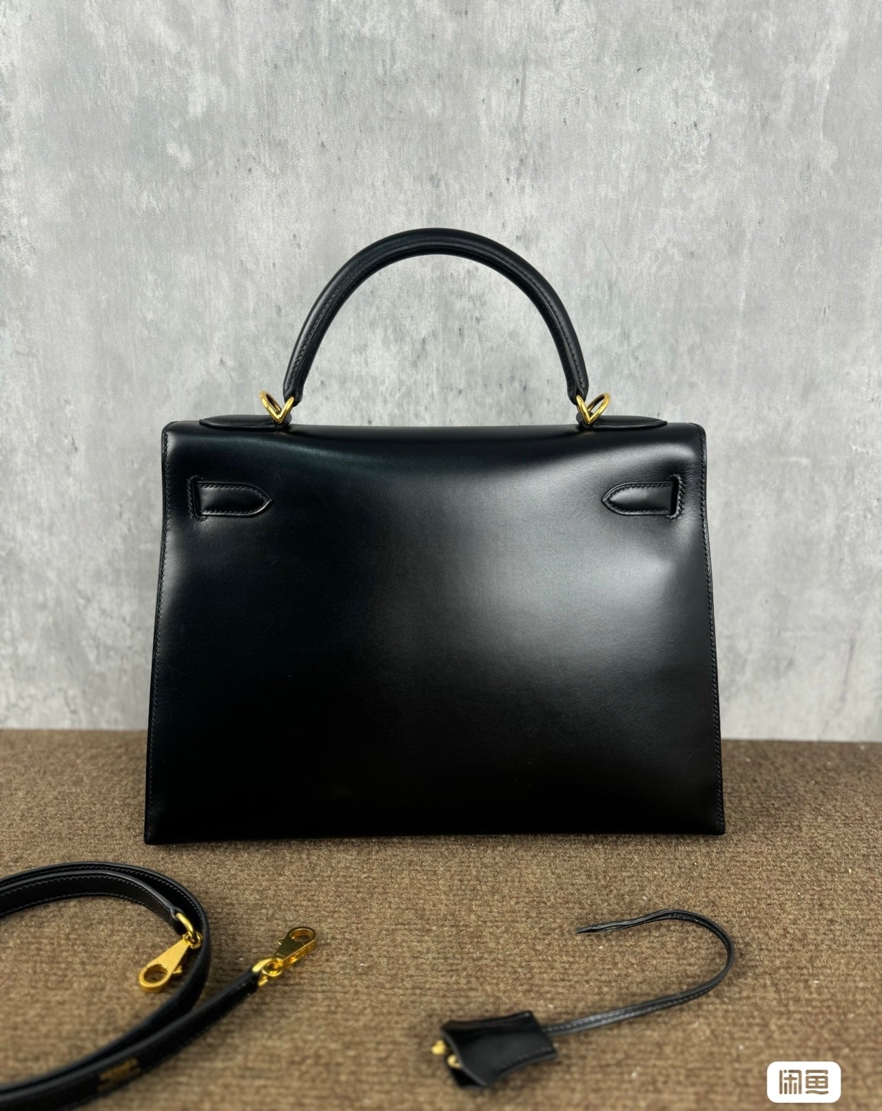 Hermes Kelly 32 Sellier Black Box Leather Double Ring Gold HW