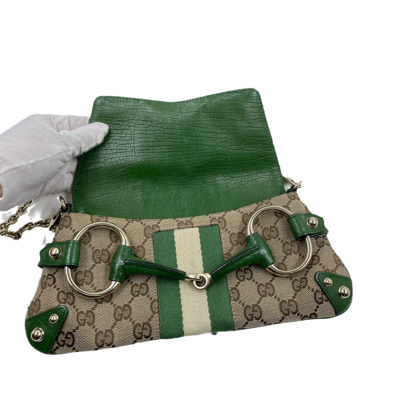 Iconic Gucci Horsebit 1955 Chain Cloth Gucci Monogram Green Leather and Gold Studs