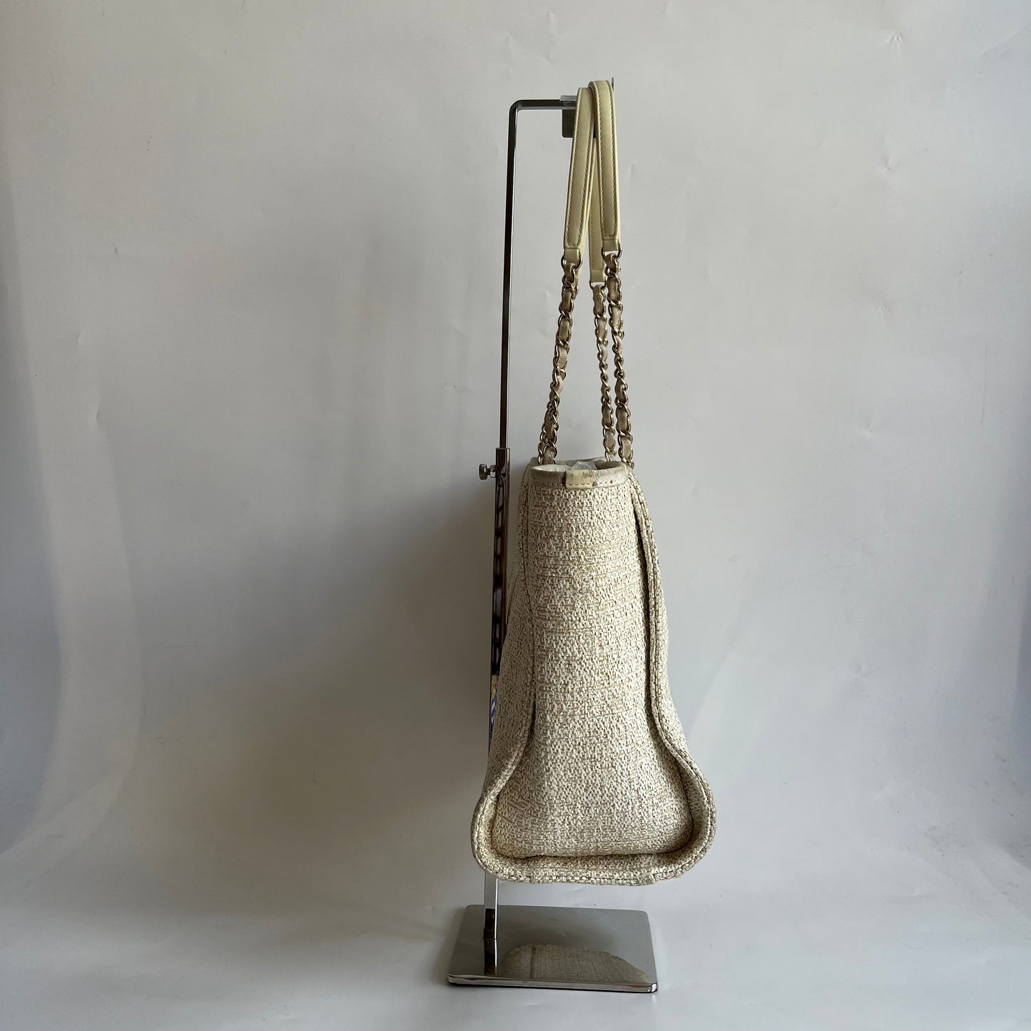 Chanel Deauville Tote Gold Beige Cloth Leather Chain Strap Small 34cm