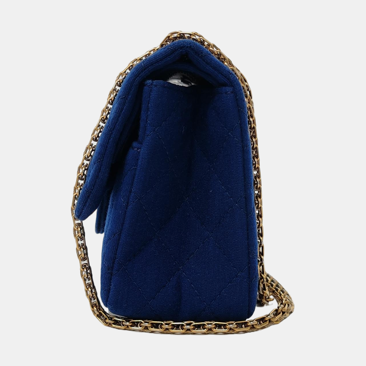Chanel 2.55 Double Flap Medium Royal Blue Fabric Gold Chain Strap