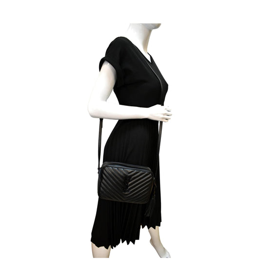 YVES SAINT LAURENT Lou Chevron Leather Camera Crossbody Bag Black