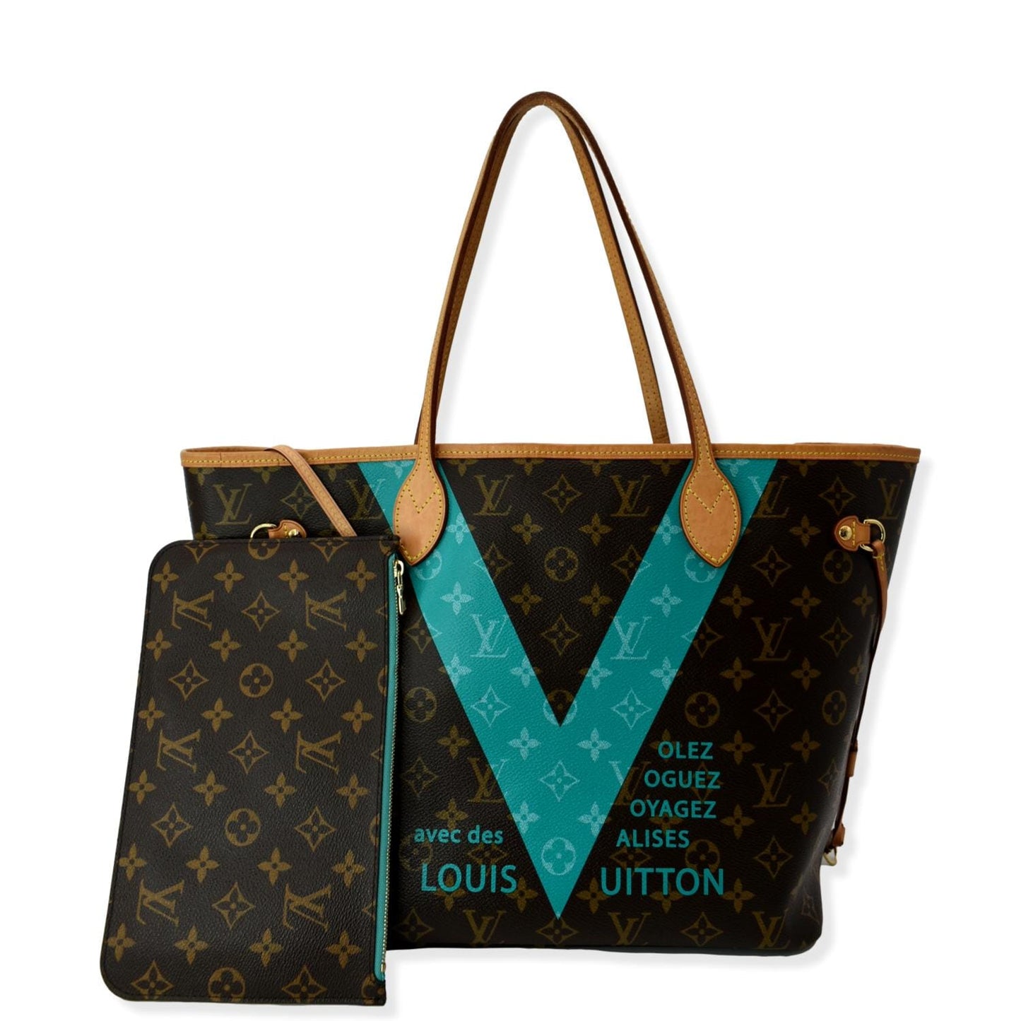LOUIS VUITTON Limited Edition V Neverfull MM Monogram Canvas Tote Bag Turquoise
