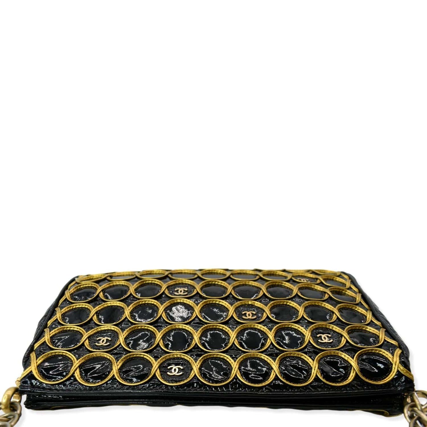CHANEL CC Embroidered Patent Quilted Chain Clutch Bag Black/Gold