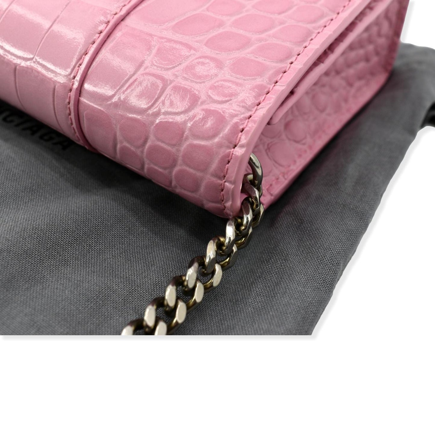 BALENCIAGA Hourglass Crocodile Embossed Chain Wallet Pink