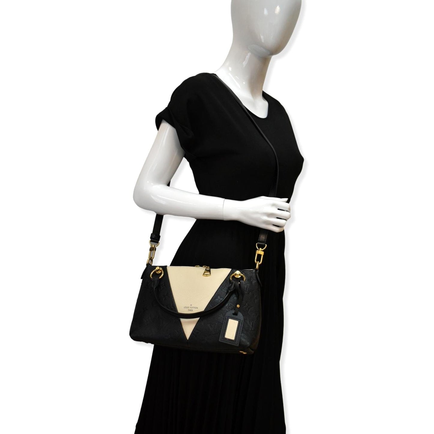 LOUIS VUITTON V BB Monogram Empreinte Tote Shoulder Bag Beige/Black