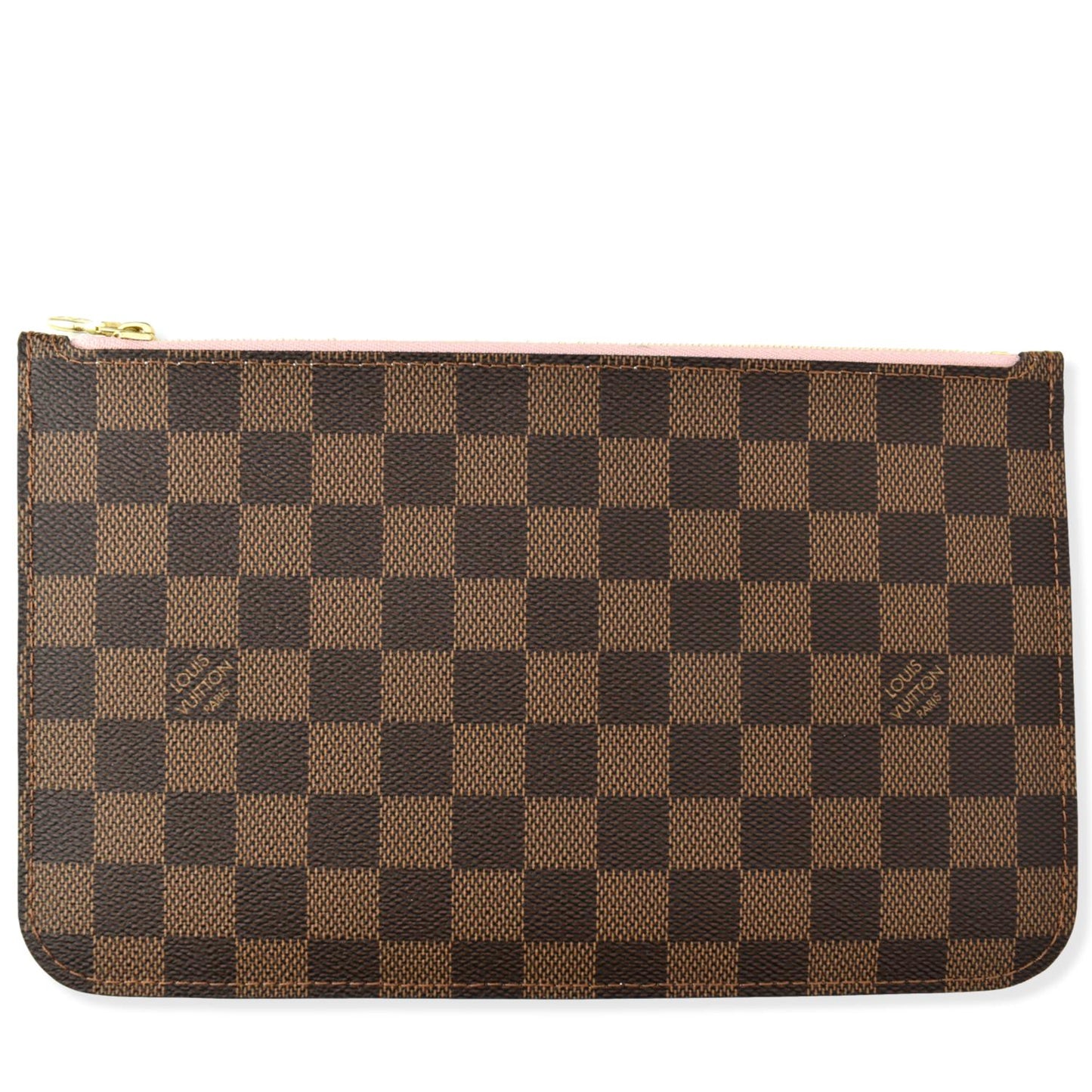 LOUIS VUITTON Neverfull Damier Ebene Pochette Wristlet Pouch Rose Ballerine