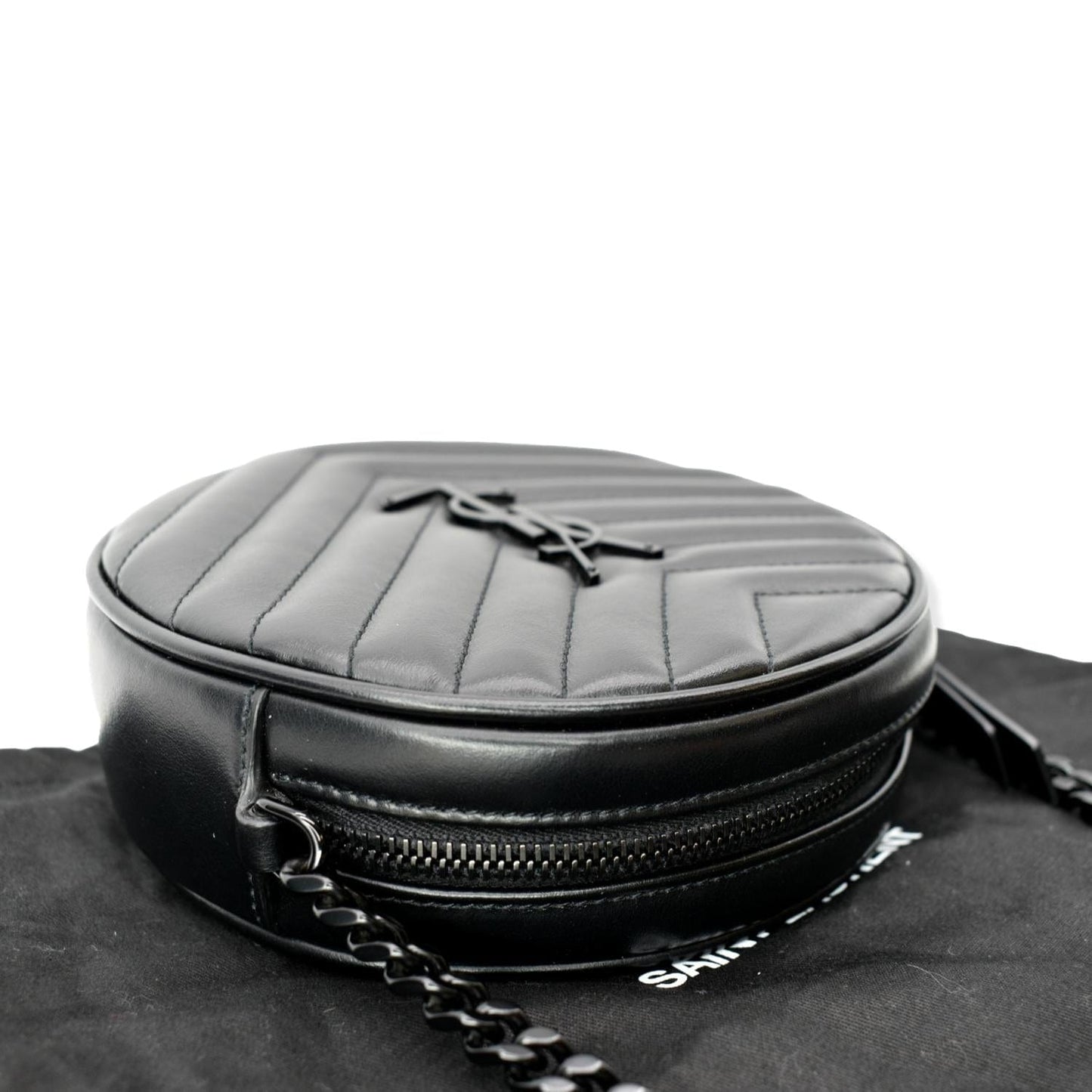 YVES SAINT LAURENT Vinyle Round Chevron Leather Camera Crossbody Bag Black