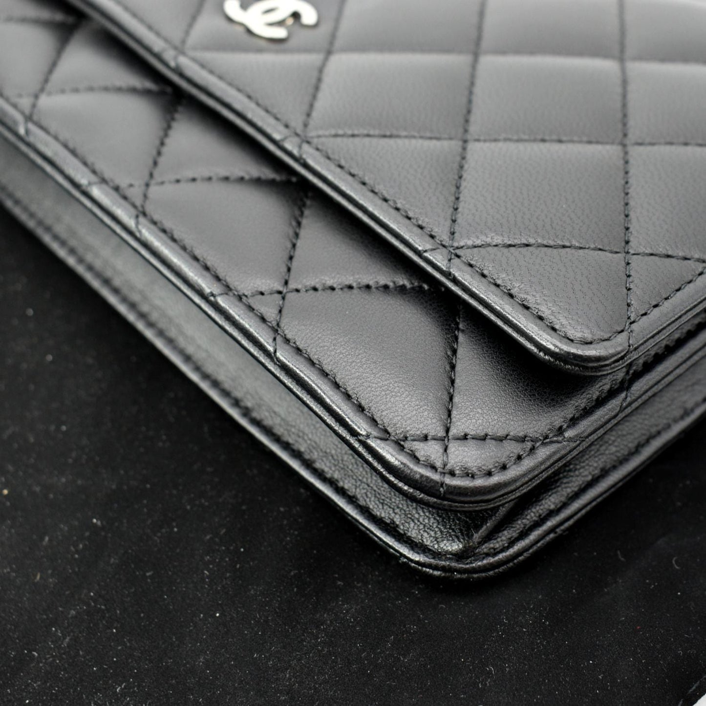 CHANEL Wallet On Chain Lambskin Leather WOC Crossbody Bag Black