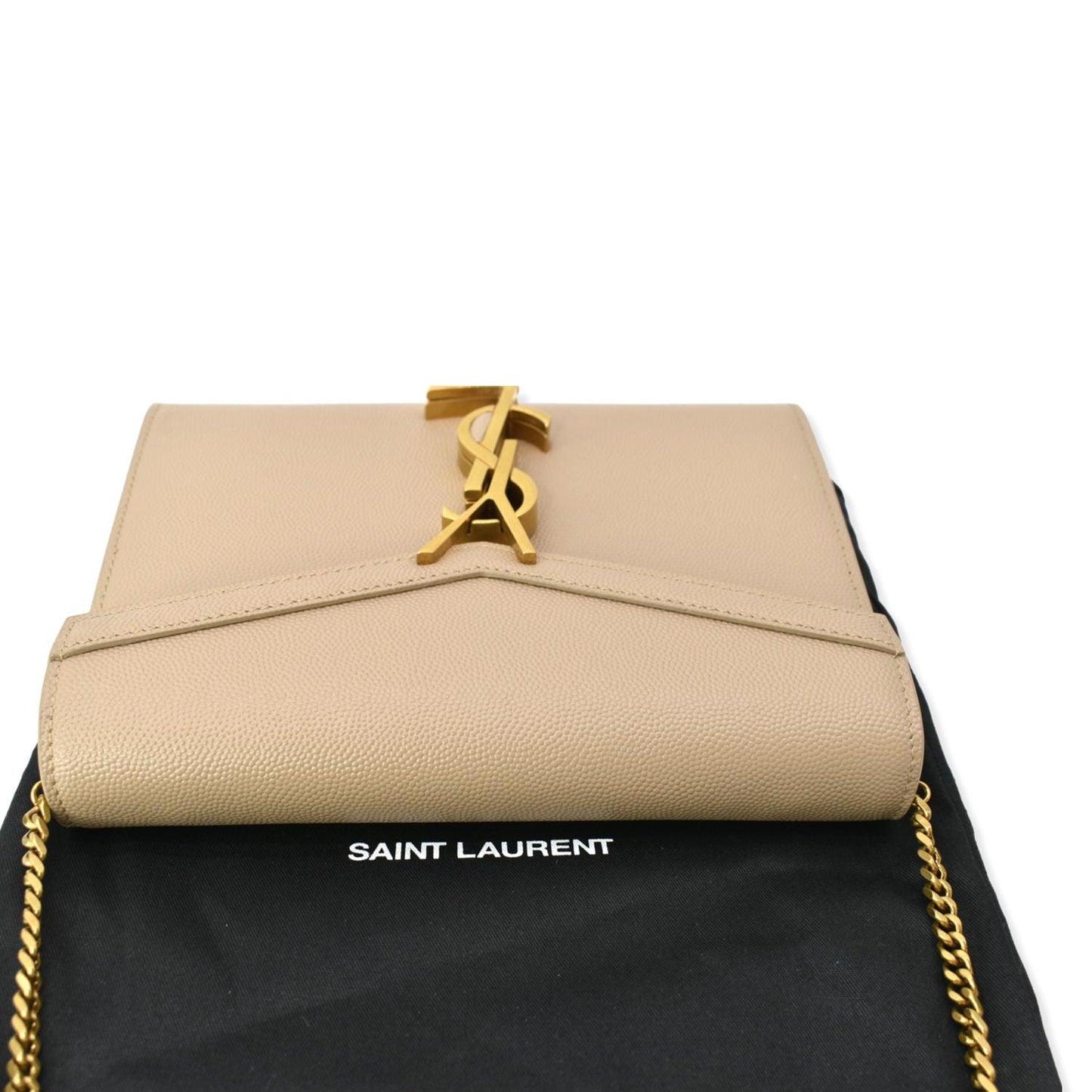 YVES SAINT LAURENT Cassandra Grain De Poudre Embossed Chain Wallet Beige