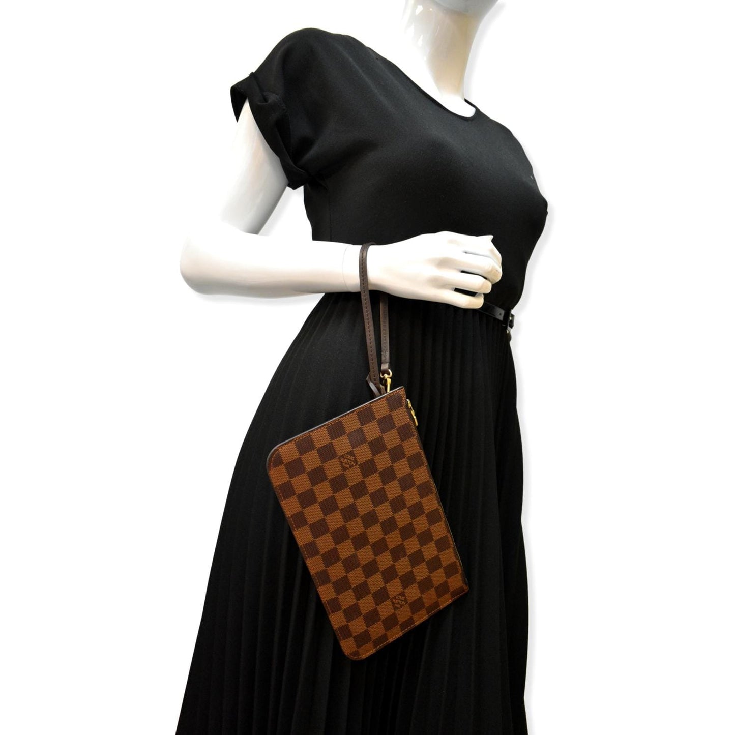 LOUIS VUITTON Neverfull Damier Ebene Pochette Wristlet Pouch Brown