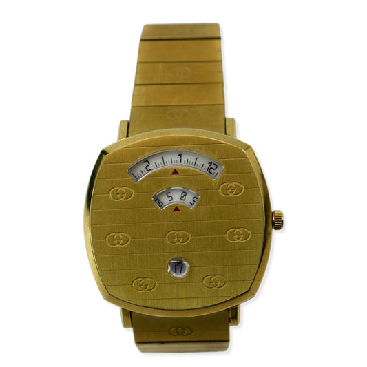 GUCCI Grip GG Engraved Quartz Gold Dial Stainless Steel Watch 35MM