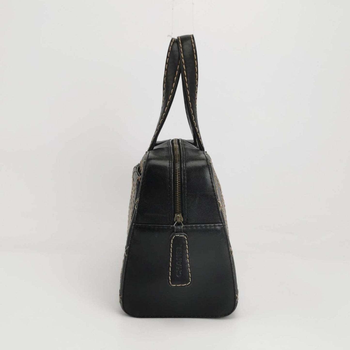 Chanel Surpique Zip Around Satchel Black Quilted Wild Stitch Leather Large