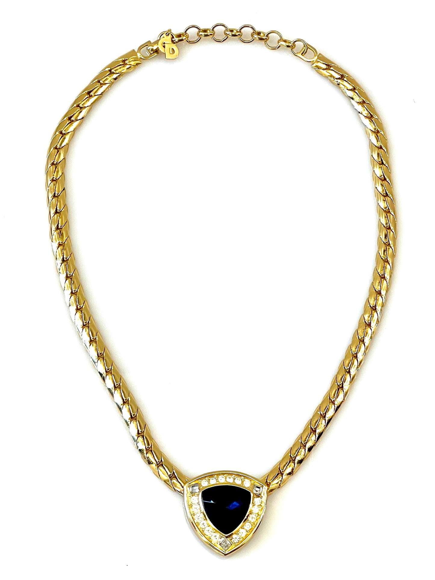 CHRISTIAN DIOR VINTAGE SNAKE CHAIN BLUE CRYSTAL CENTERPIECE CHOKER