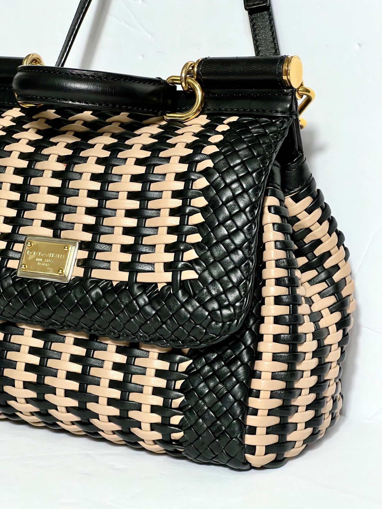 DOLCE & GABBANA SICILY WOVEN LEATHER SMALL TOP HANDLE BAG