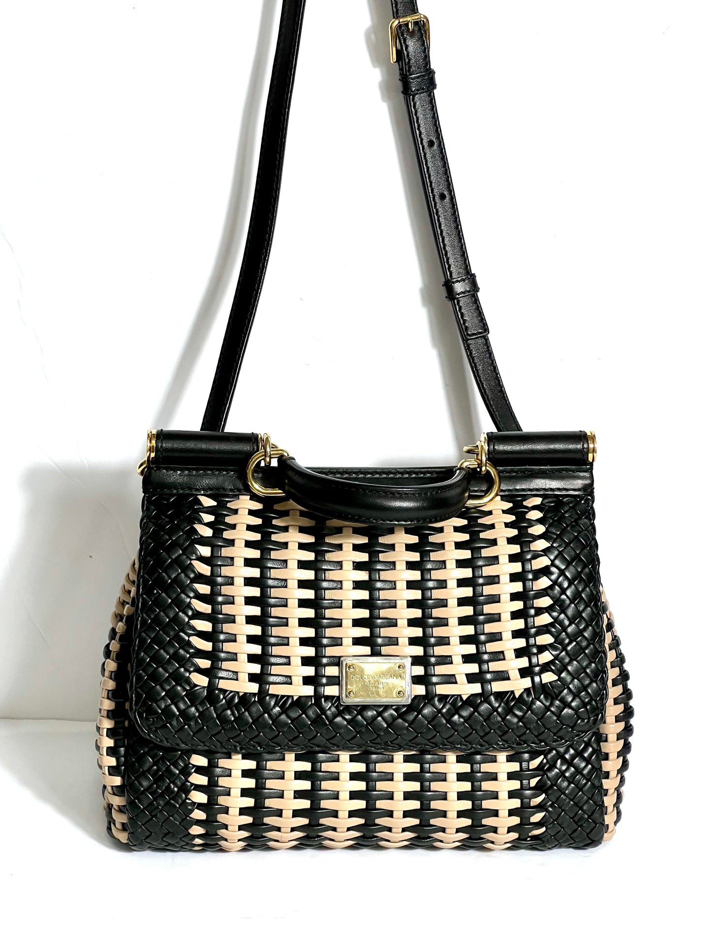 DOLCE & GABBANA SICILY WOVEN LEATHER SMALL TOP HANDLE BAG