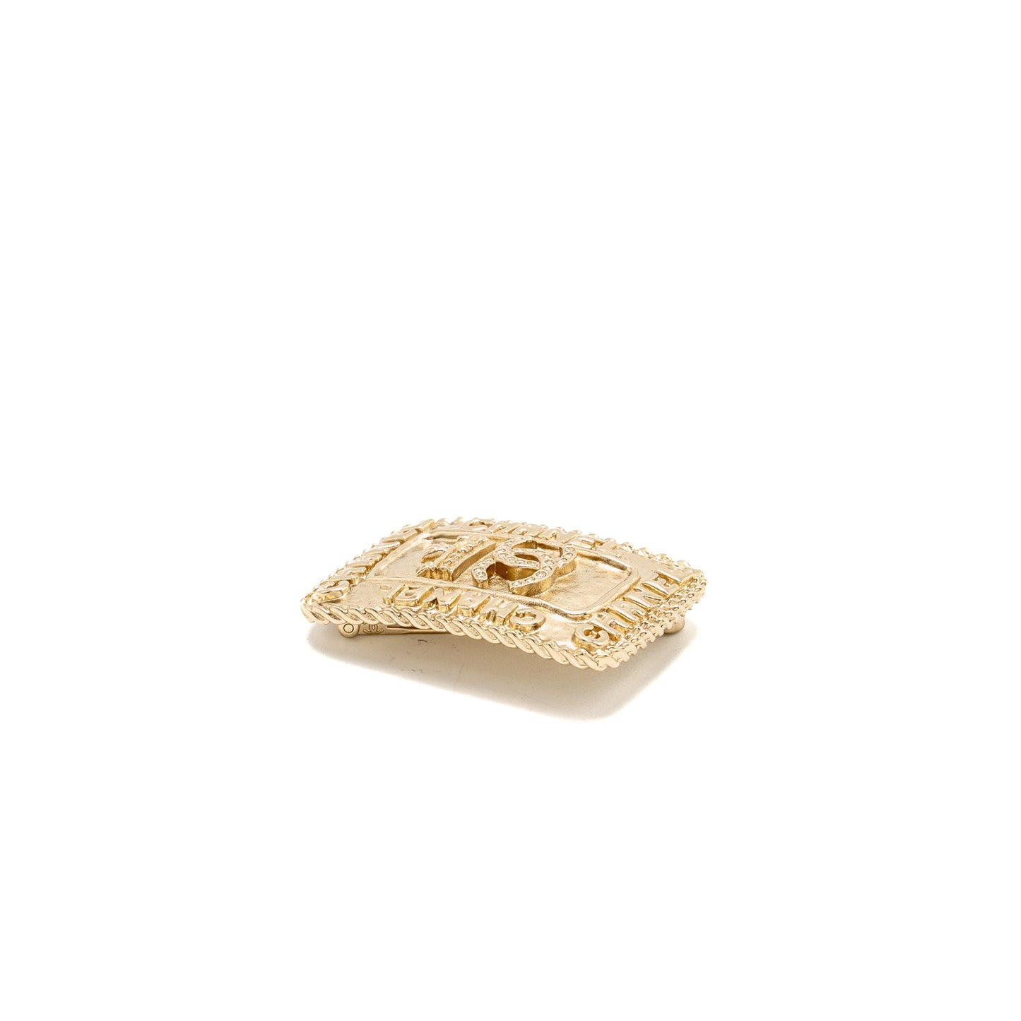 CHANEL CC LOGO AND CROWN METAL PLATE BROOCH BRUSHED Gold Hardware