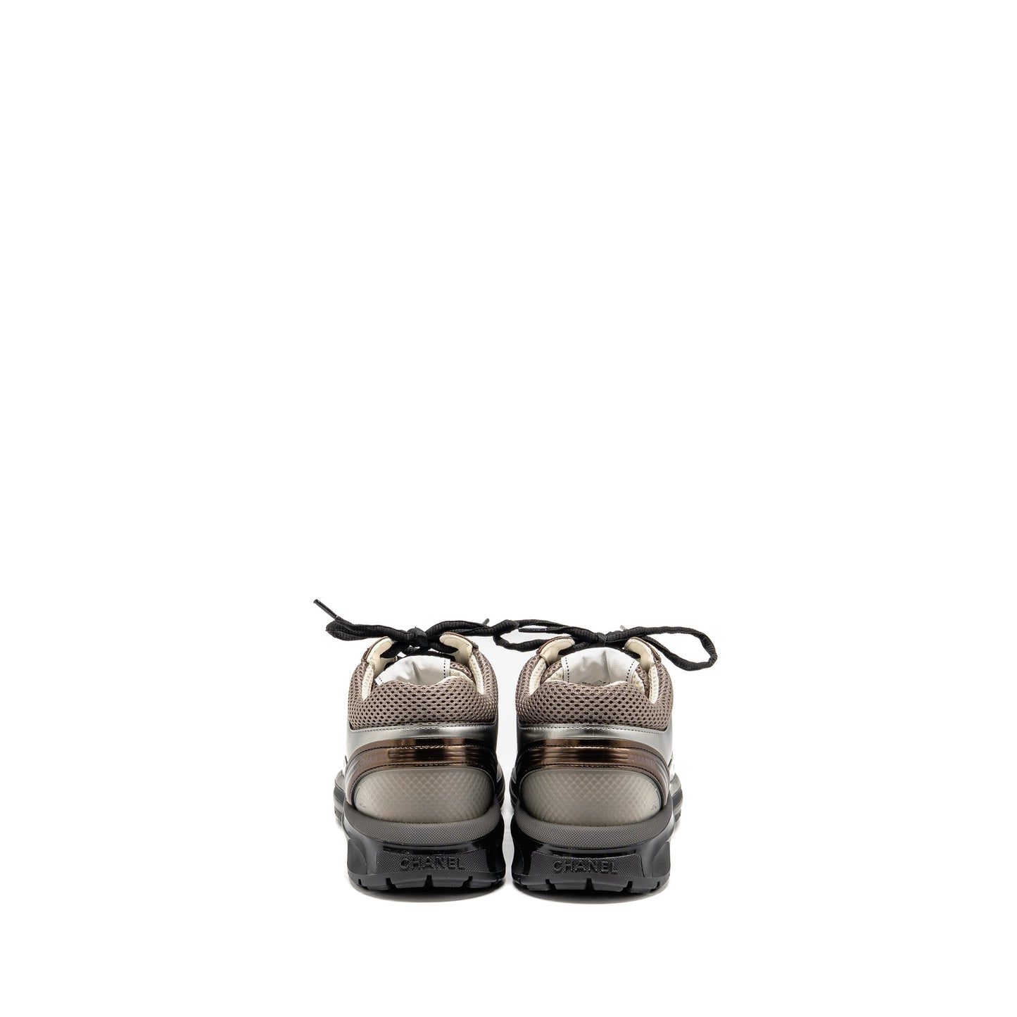 CHANEL SIZE 39 CC LOGO SNEAKERS FABRIC/LAMINATED KHAKI/SILVER/DARK PURPLE