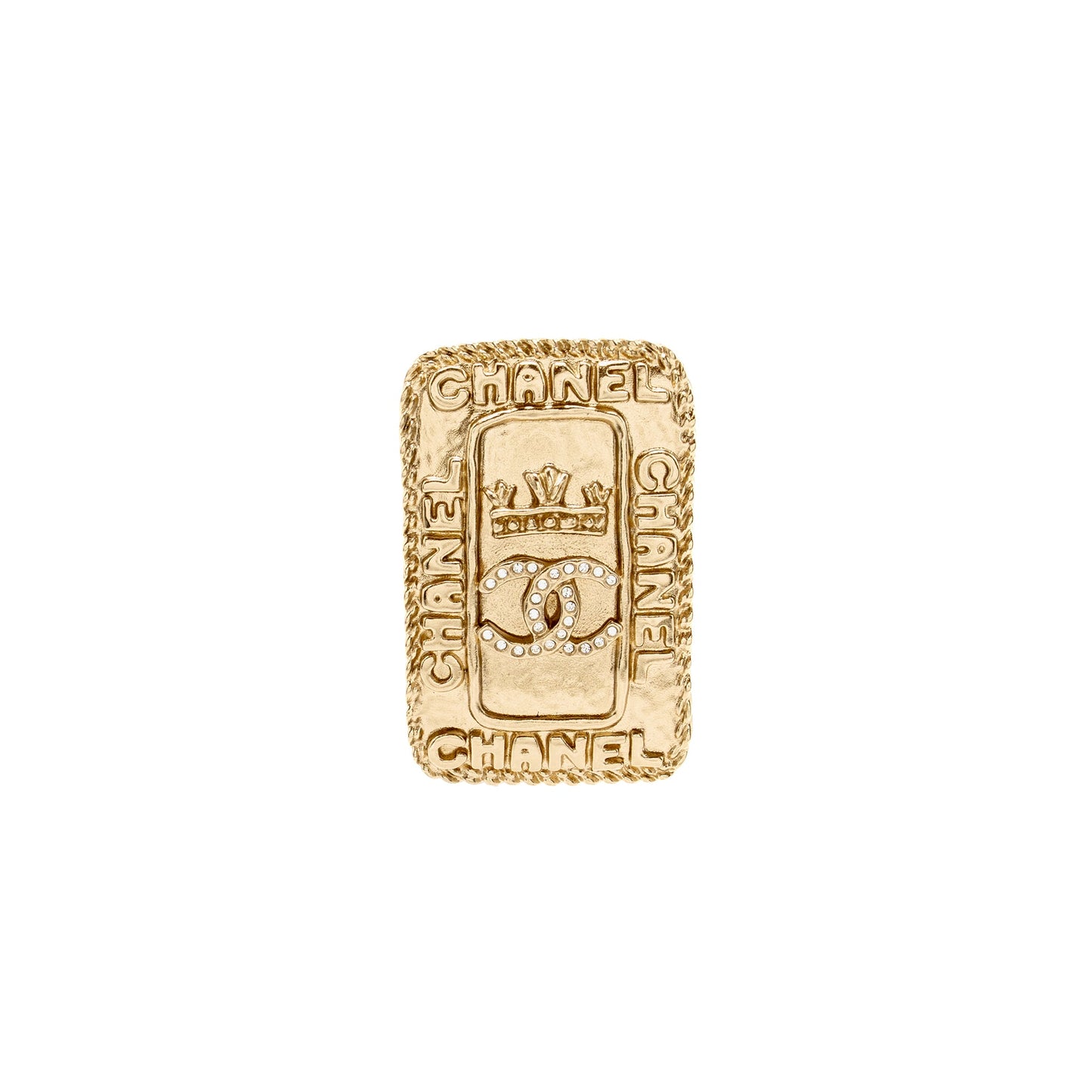 CHANEL CC LOGO AND CROWN METAL PLATE BROOCH BRUSHED Gold Hardware