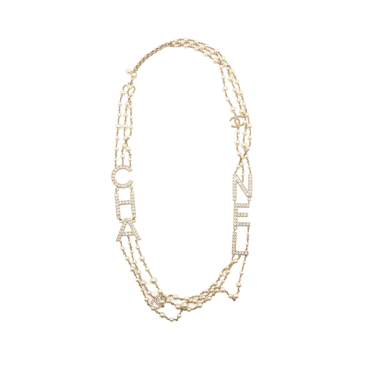 Chanel letter / pearl long giant necklace light gold tone