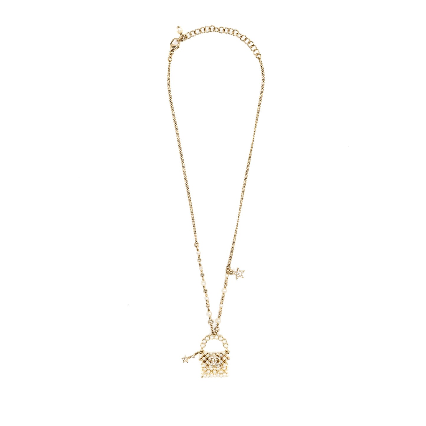 Chanel Mini Pearl Bag Necklace Light Gold Tone