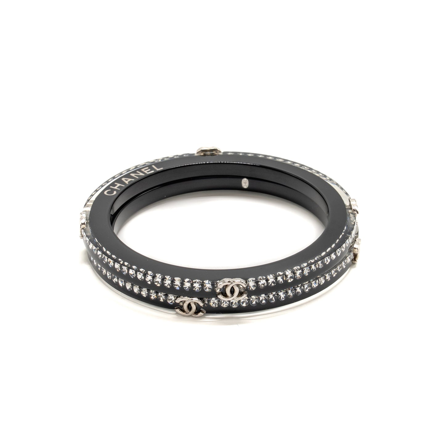 Chanel CC Logo Bracelet Resin / Crystal Black Silver Tone (Sell in a set)