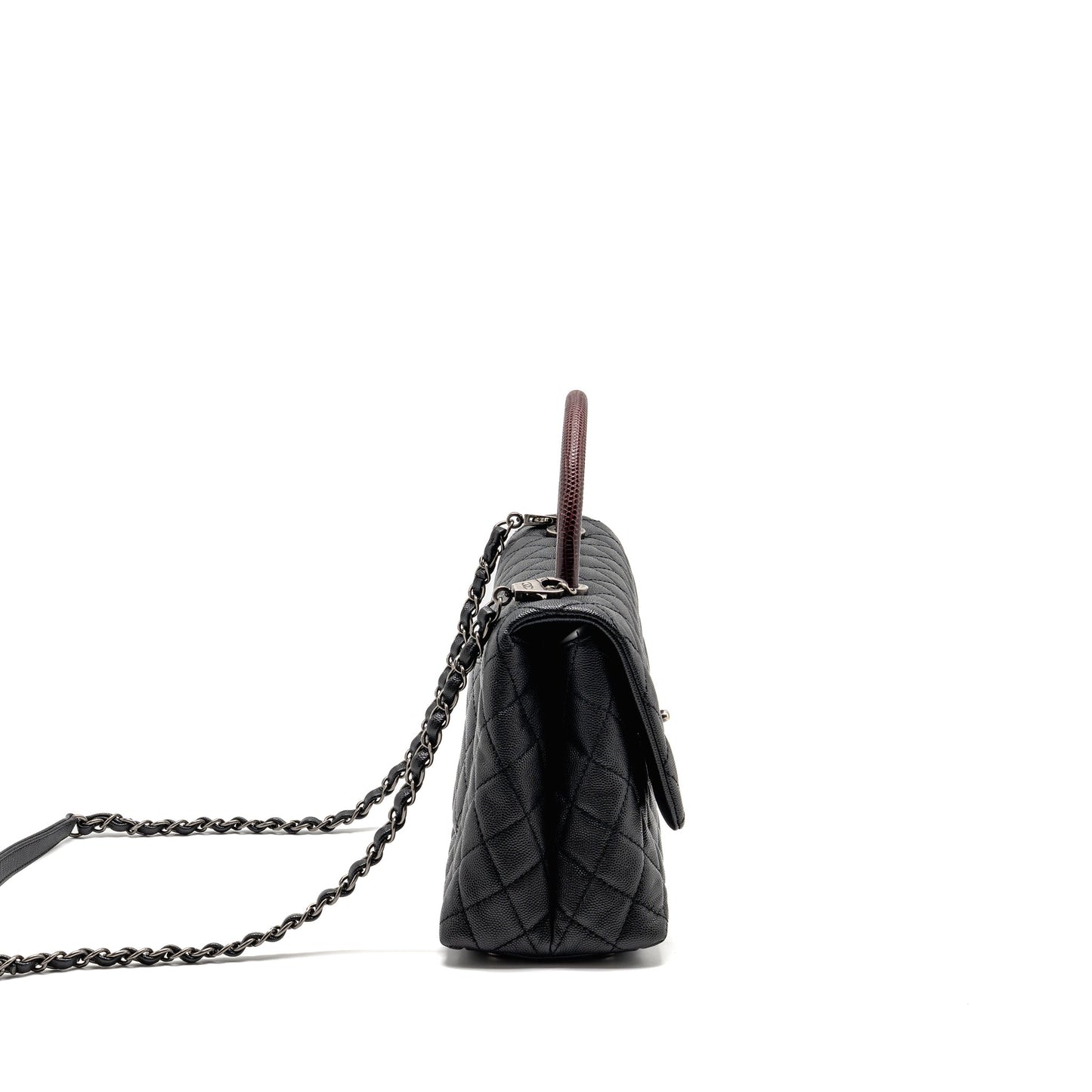 Chanel Medium Coco Handle Flap Bag Lizard Embossed Handle Caviar Black Ruthenium Hardware