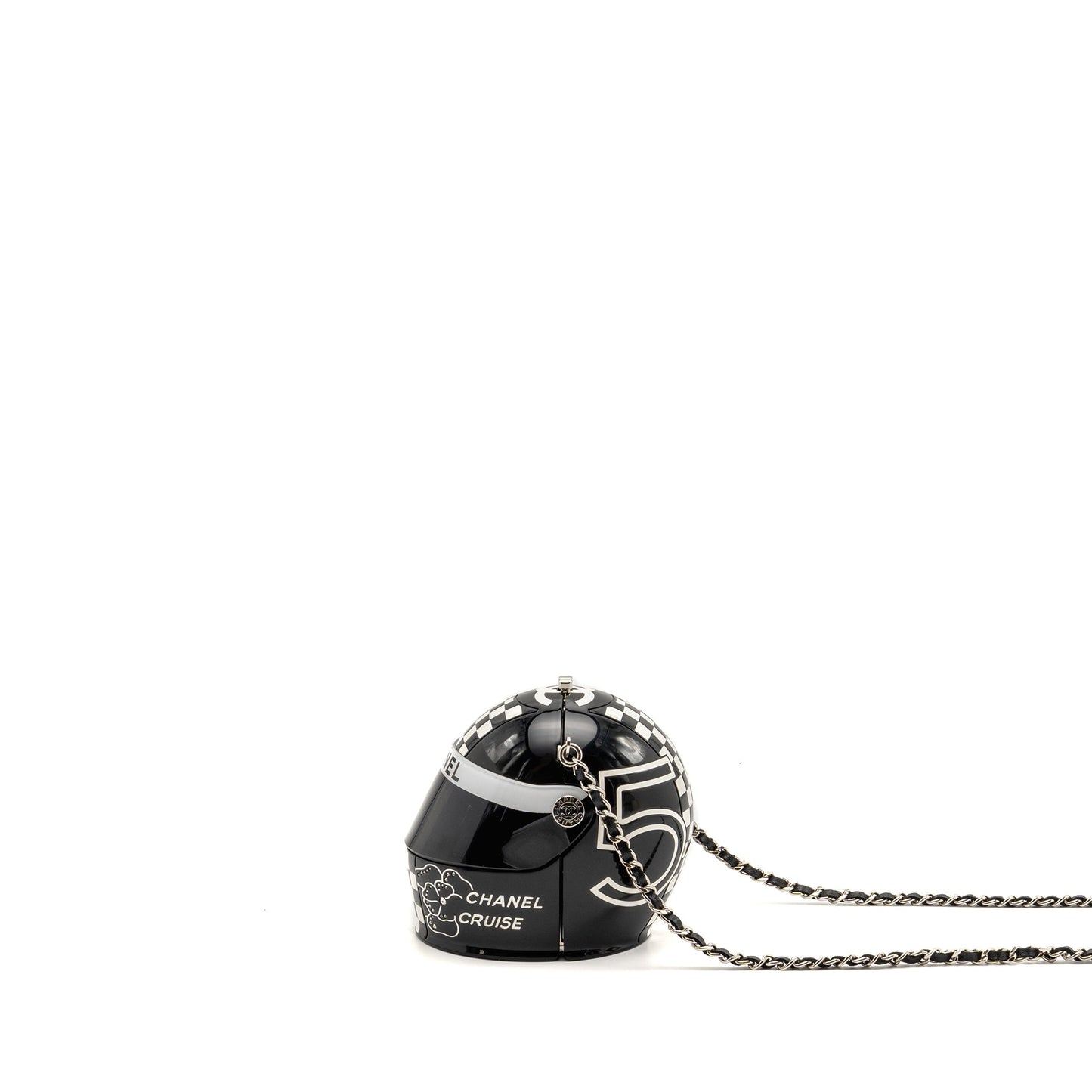 Chanel Monte Carlo Helmet Minaudiere Clutch Bag Plexi/Strass Black/White SHW (Microchip)