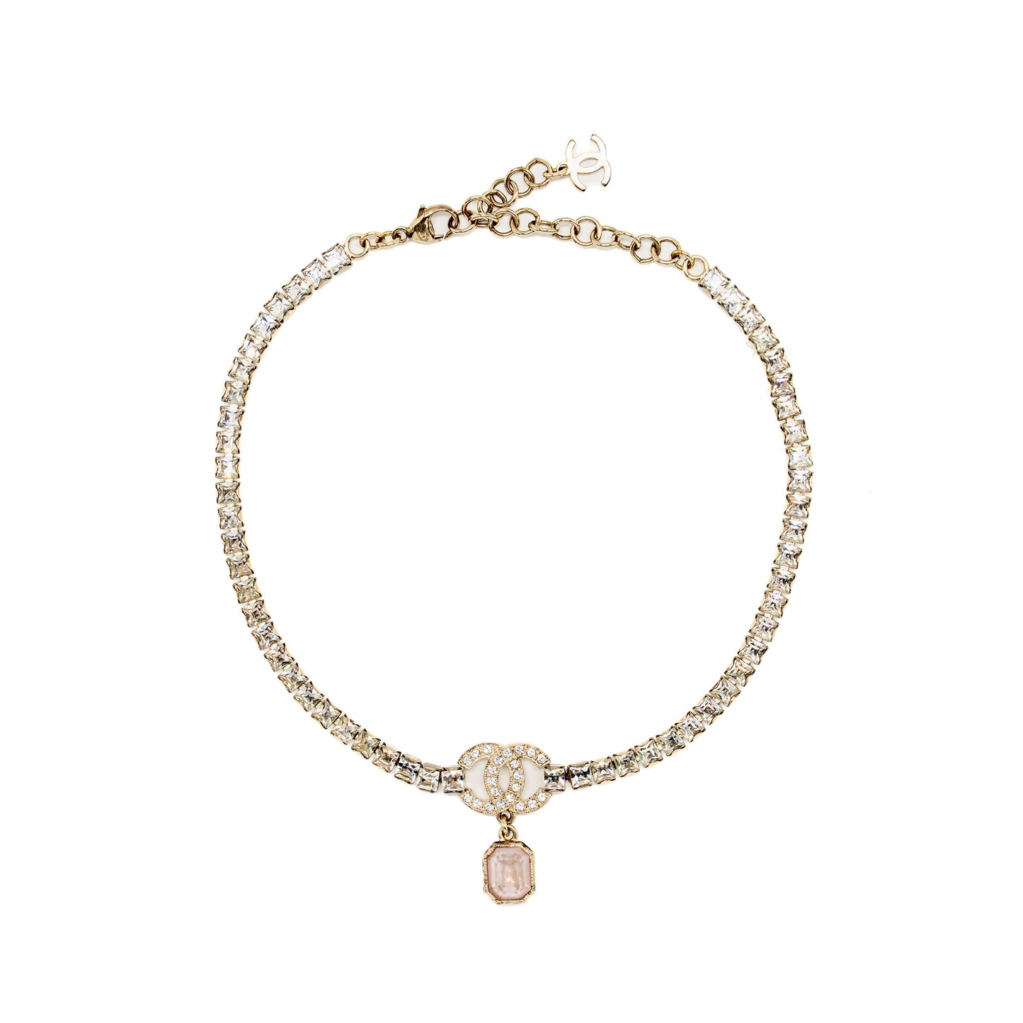 Chanel Pink Crystal Drop CC Logo Chocker/Necklace Light Gold Tone