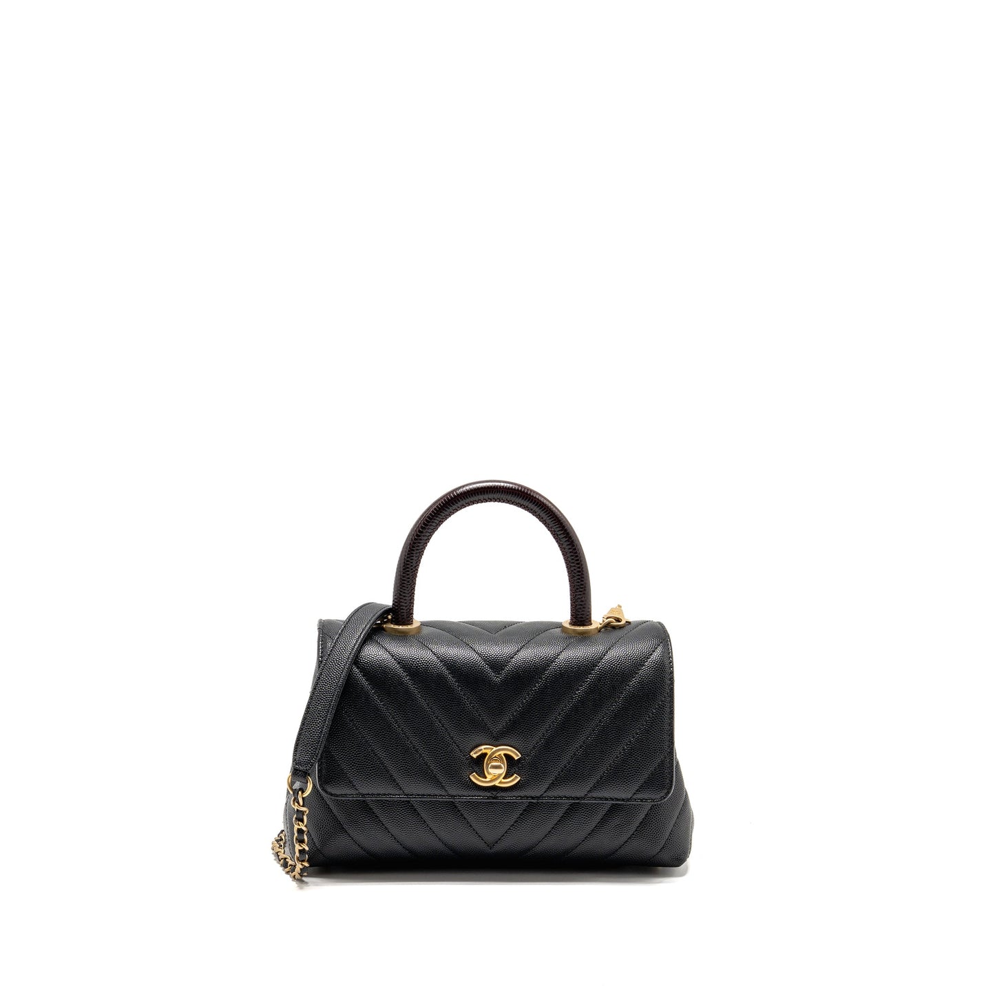 Chanel small coco handle with lizard embossed handle chevron caviar black GHW