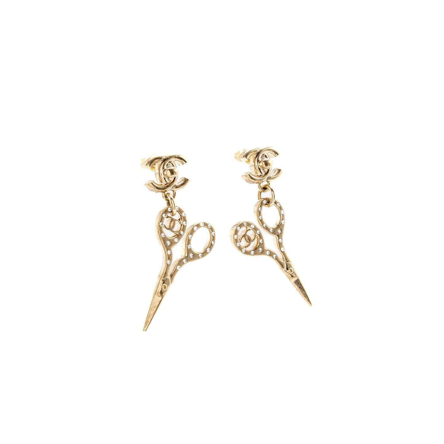 Chanel Scissors Drop CC Earrings Crystal Light Gold Tone