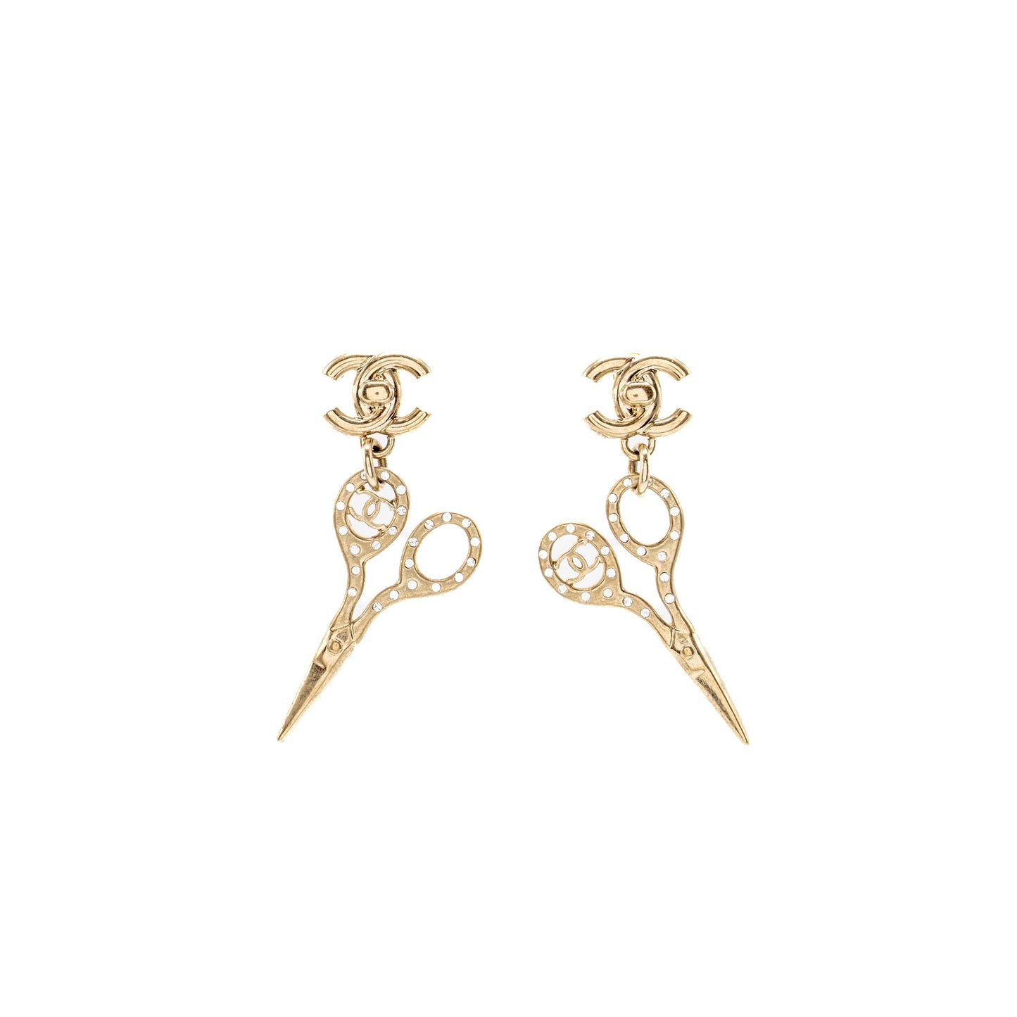 Chanel Scissors Drop CC Earrings Crystal Light Gold Tone