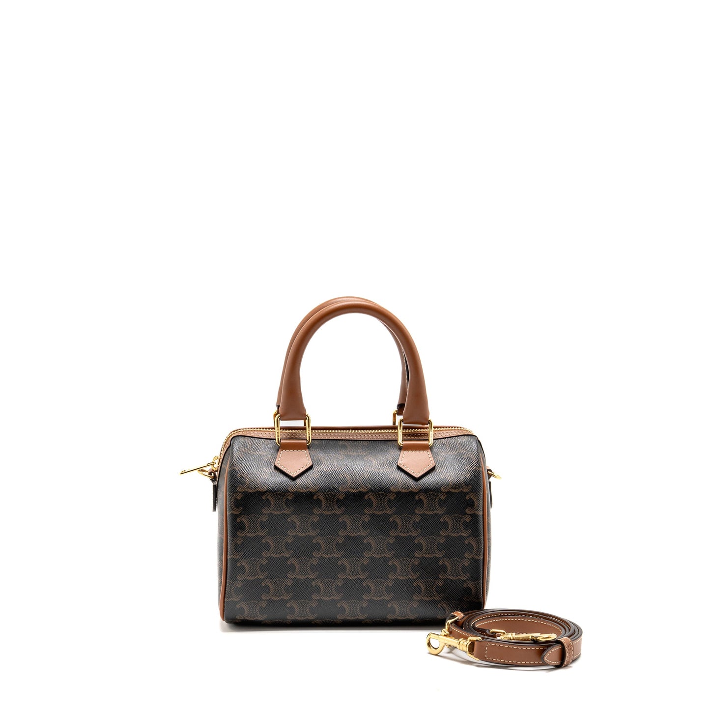 Celine Small Boston Purse Triomphe Canvas/Calfskin Tan