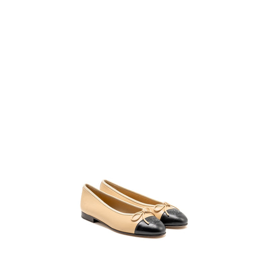 Chanel Size 37 Ballerinas Flat Shoes Lambskin Beige/Black