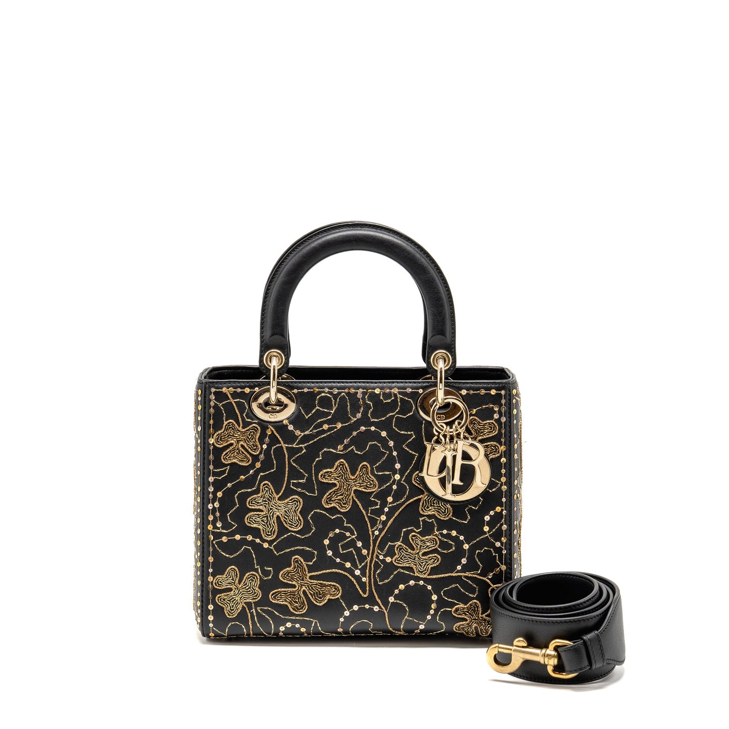 Dior Medium Lady Dior Embroidered Floral Limited Edition Leather Black/Gold
