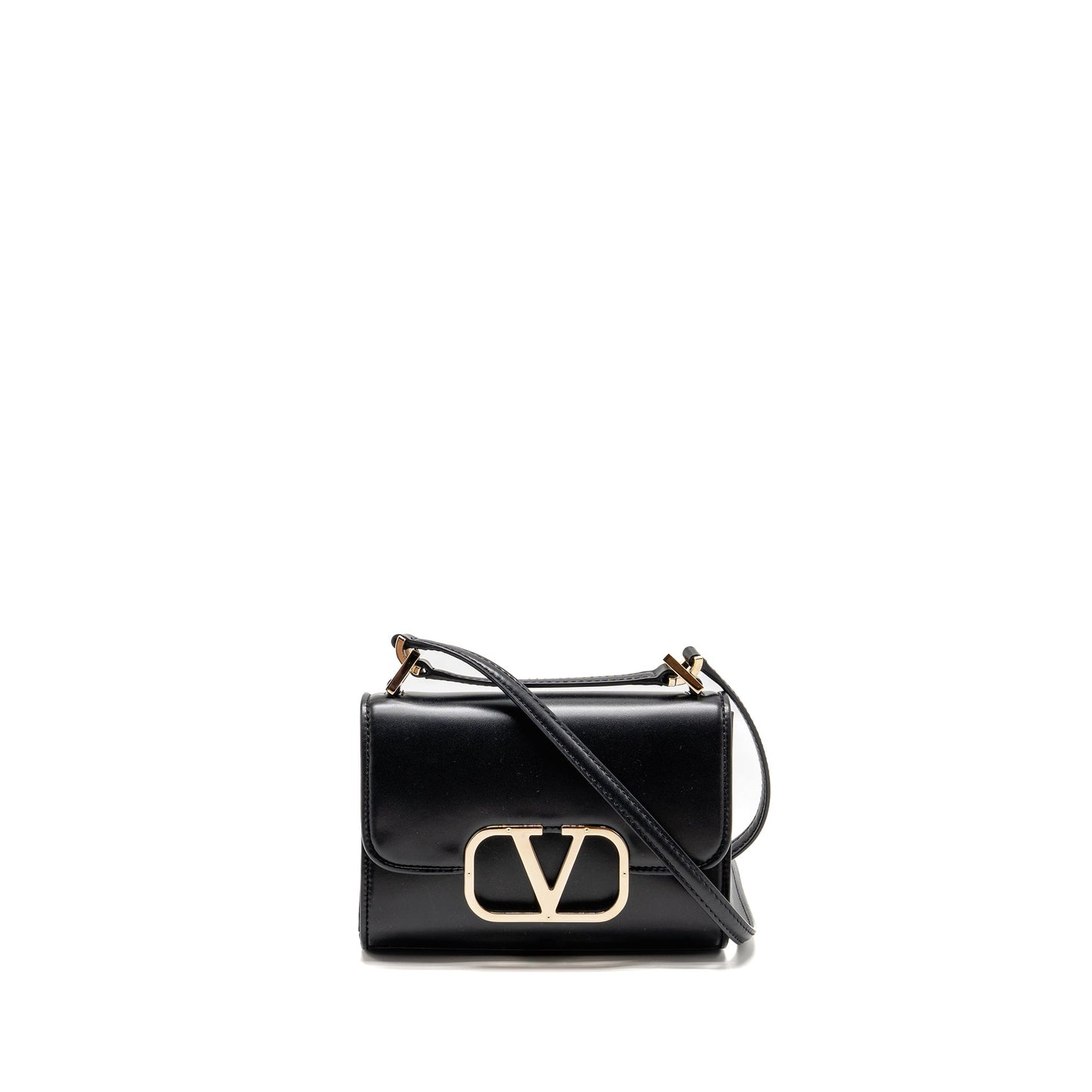 Valentino V logo Type Foldover Top Mini Purse Calfskin Black