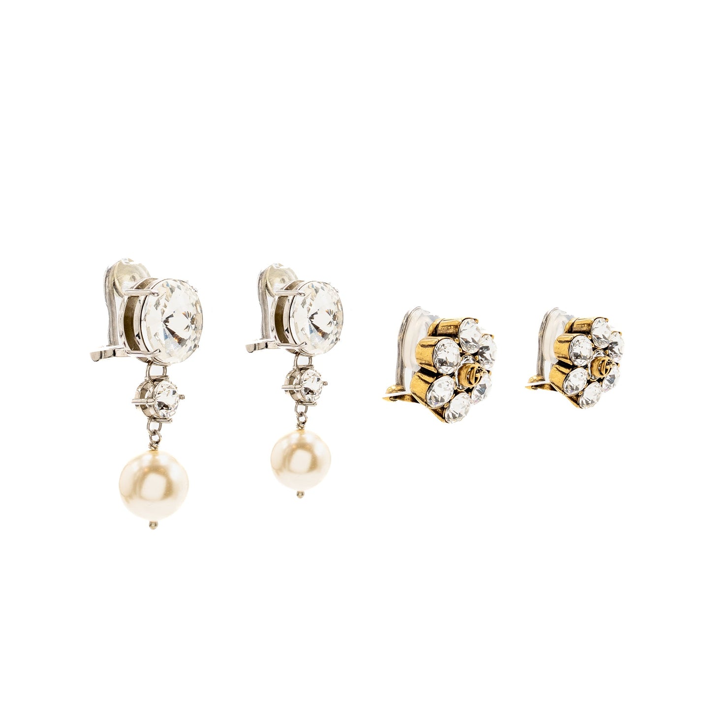 Gucci Crystal Gold Tone and Miu Miu Pearl Drop Crystal Silver Tone Clip-on Earrings (Sell in a Set)