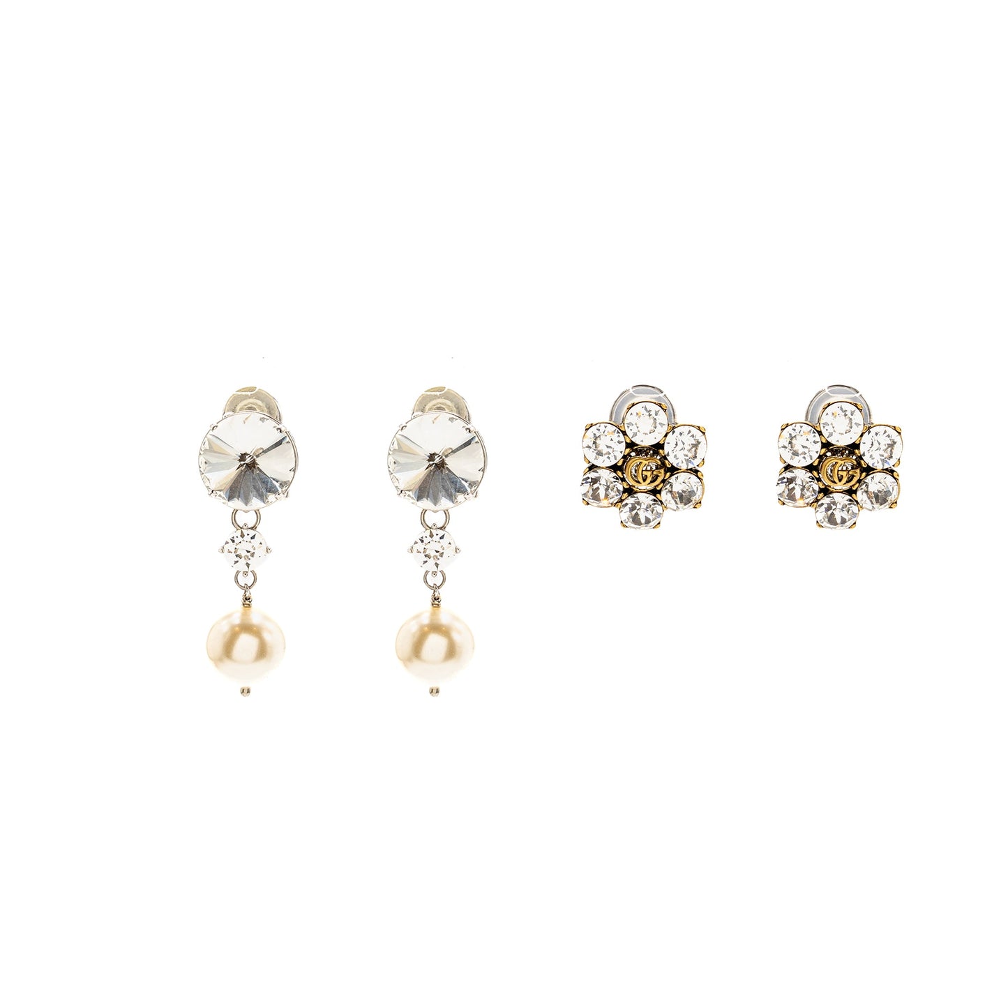 Gucci Crystal Gold Tone and Miu Miu Pearl Drop Crystal Silver Tone Clip-on Earrings (Sell in a Set)