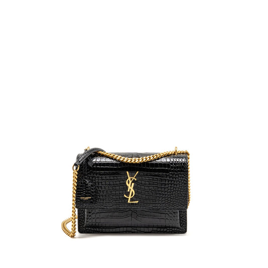 Saint Laurent/ Sunset Medium Crocodile-Embossed Calfskin Black