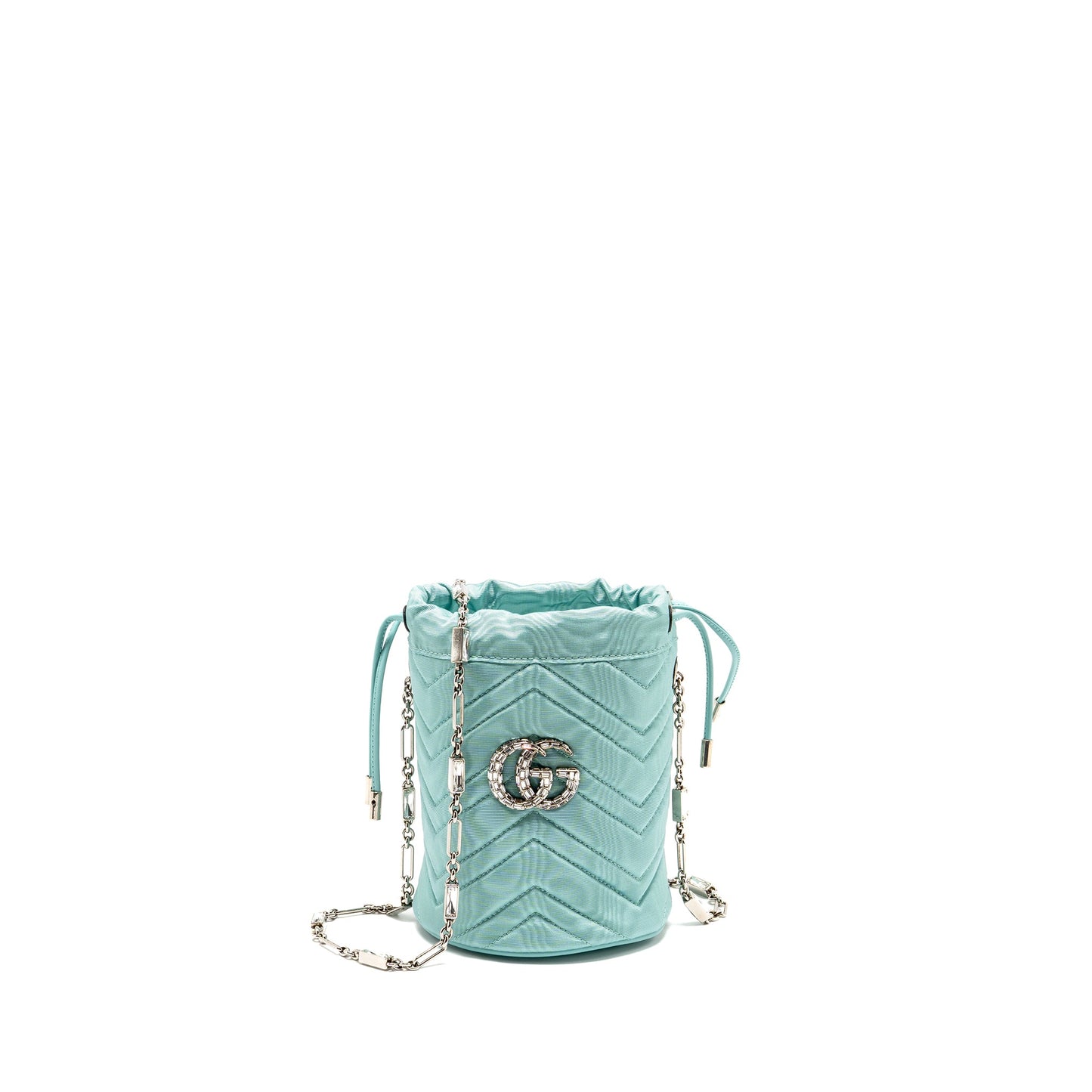 Gucci Marmont silk bucket crystal chain Purse Fabric/ Crystal Light Blue