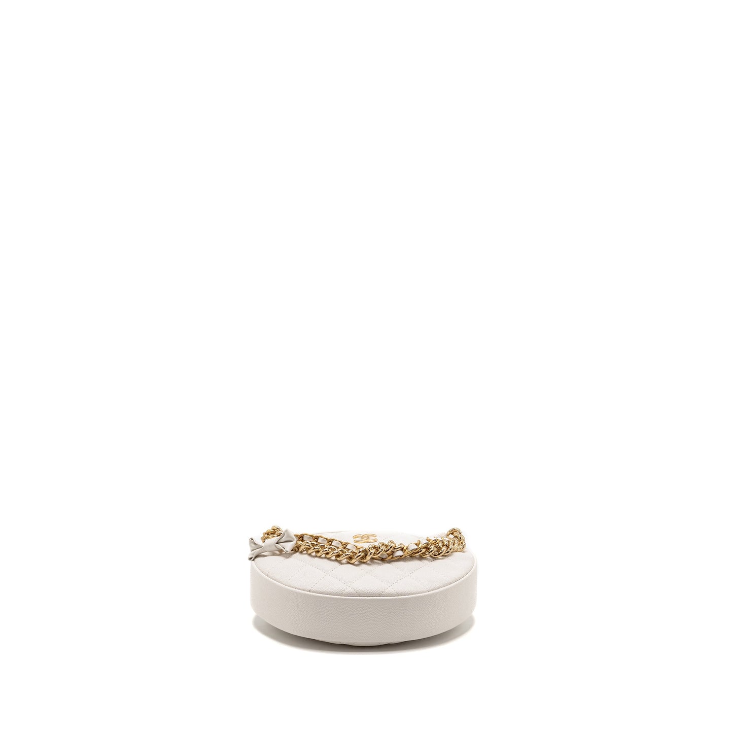 Chanel 24S Mini Round Bow Pouch Bag with Chain Caviar White GHW (Microchip)