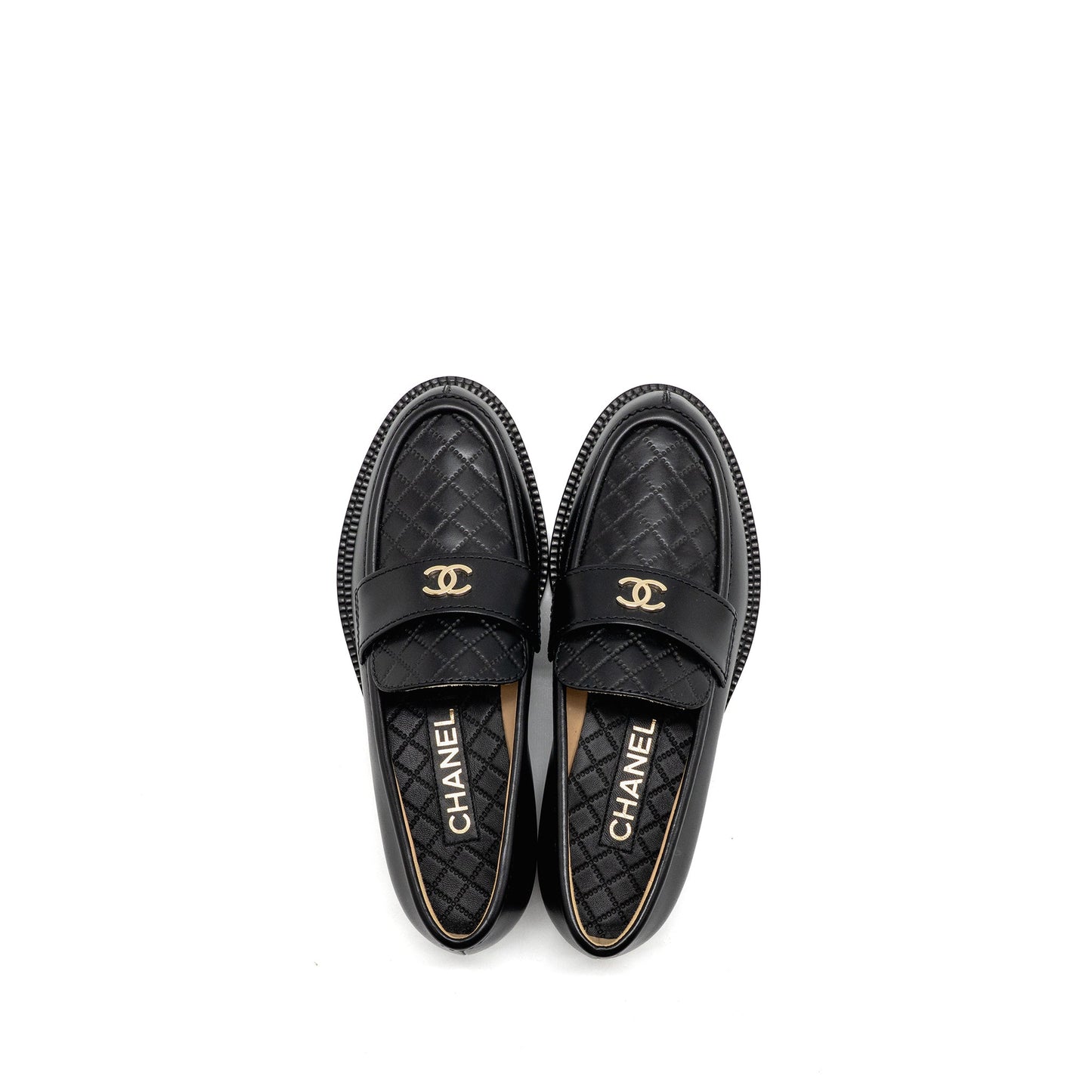 Chanel Size 37.5 CC Quilted Loafers Leather Black LGHW