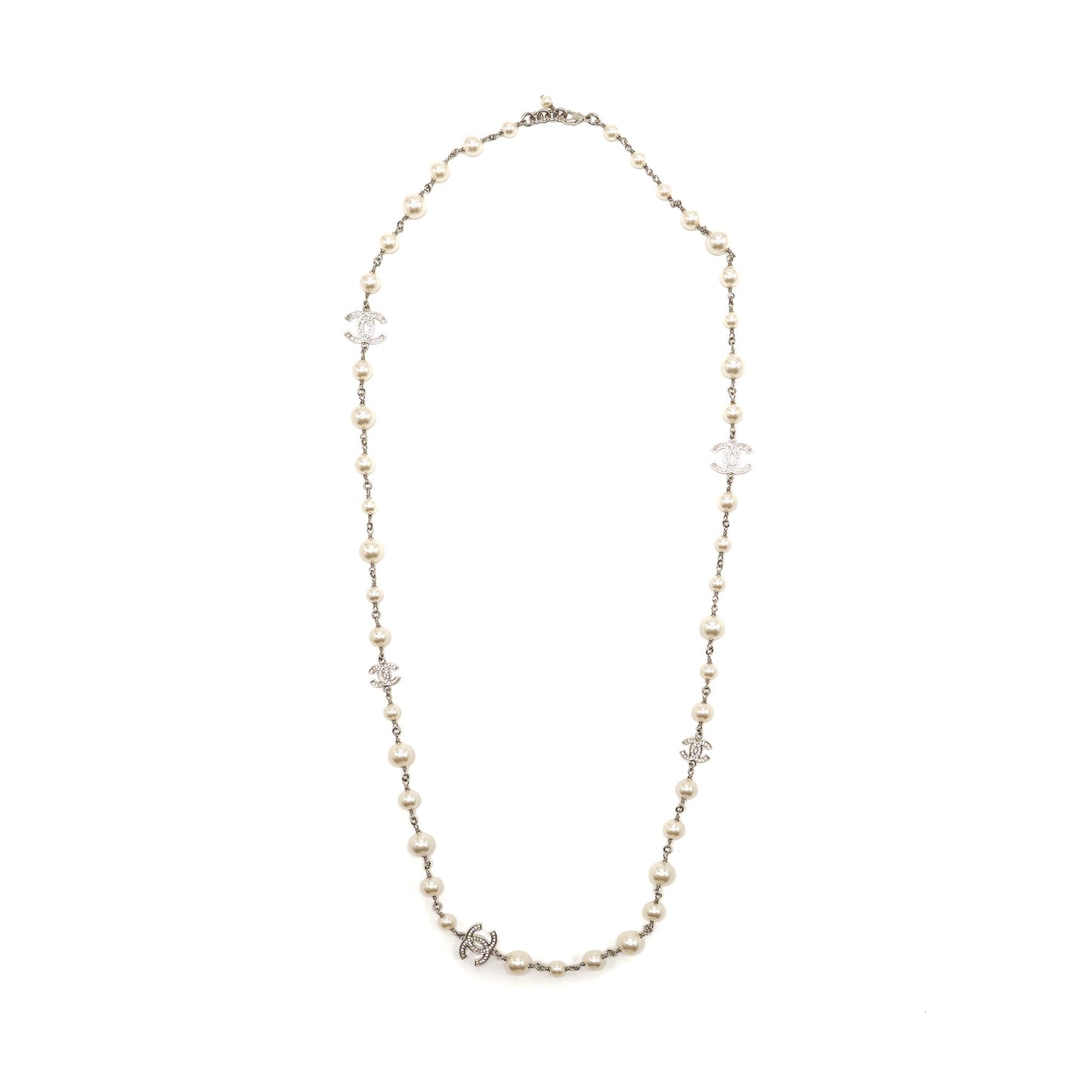 Chanel Pearl and CC Logo with Crystal Long Necklace Silver Tone