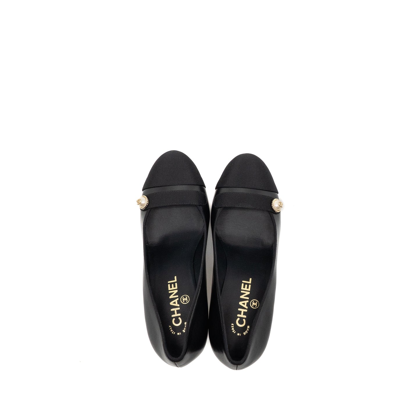 Chanel Size 36 CC Pearl Pumps Leather/Grosgrain Black