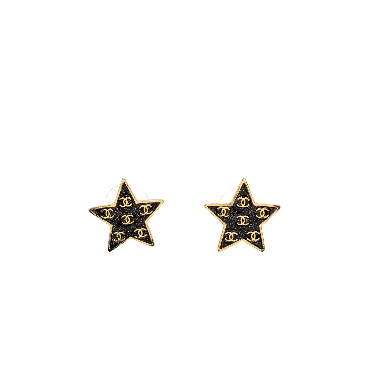 Chanel CC Star Stud Earrings Glitter Multicolour Gold Tone