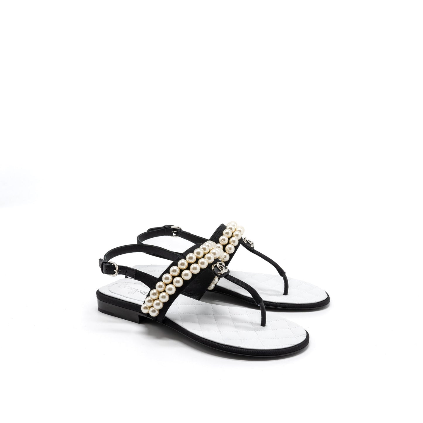 Chanel 22B Size 36 Flip Flops Sandals Pearl Leather/Fabric Black SHW