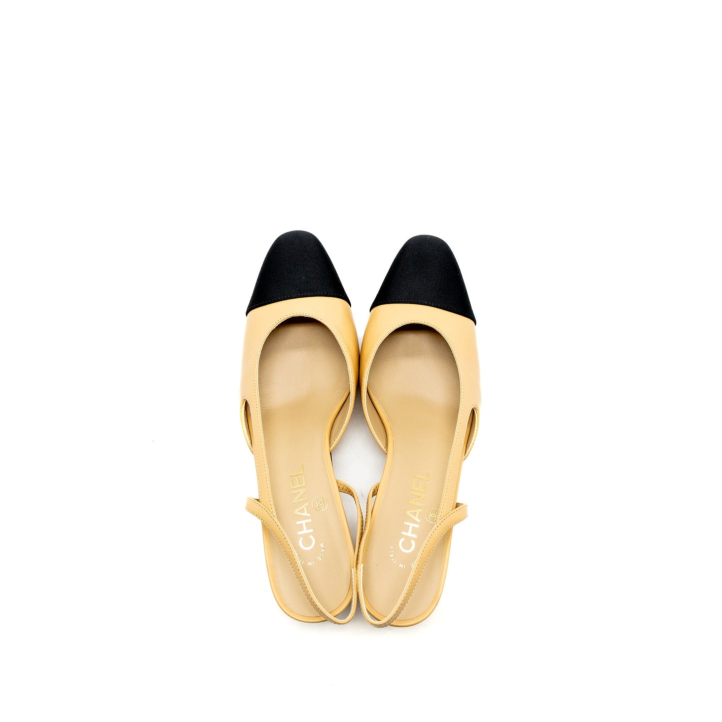 Chanel size 38 slingbacks leather beige / black LGHW