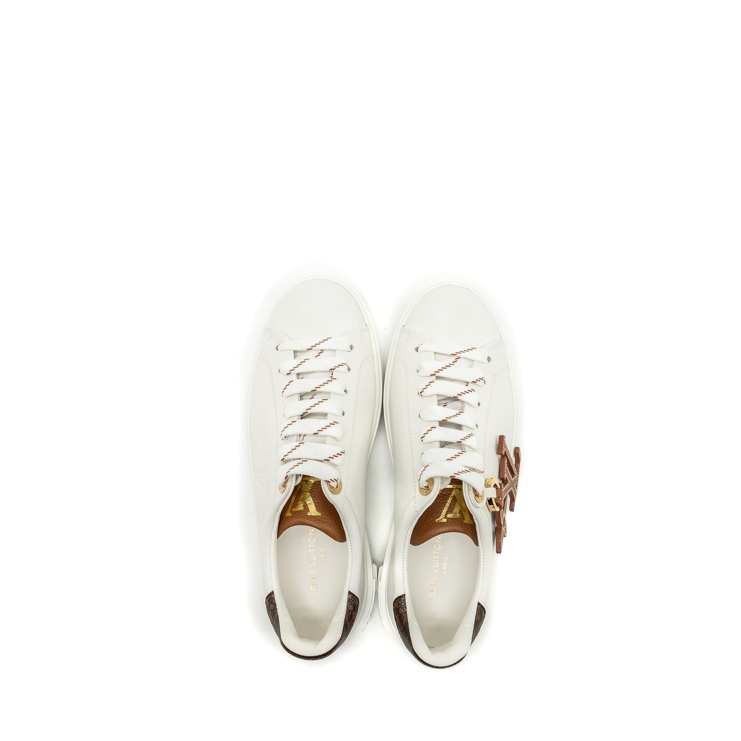 Louis Vuitton Size 37 Time Out Sneaker with Monogram and Flower Charm Calfskin White