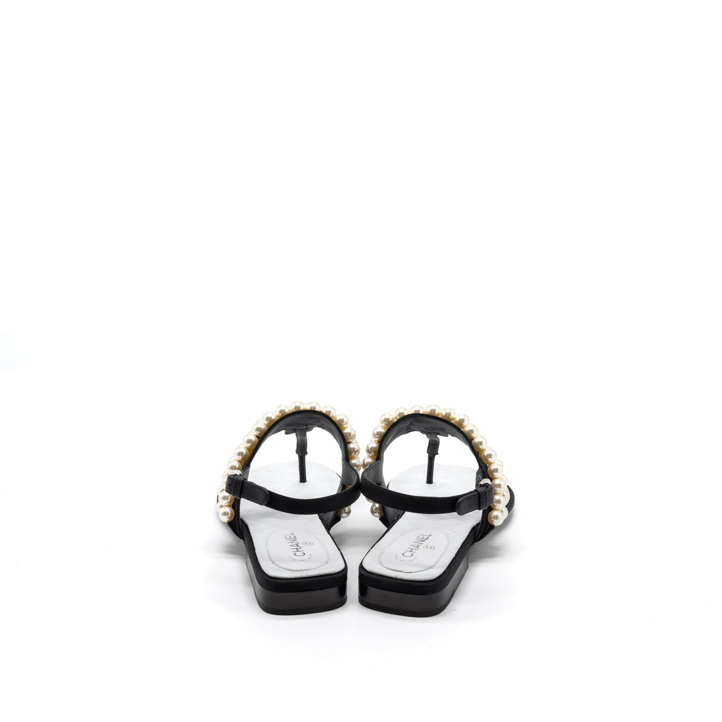 Chanel 22B Size 36 Flip Flops Sandals Pearl Leather/Fabric Black SHW