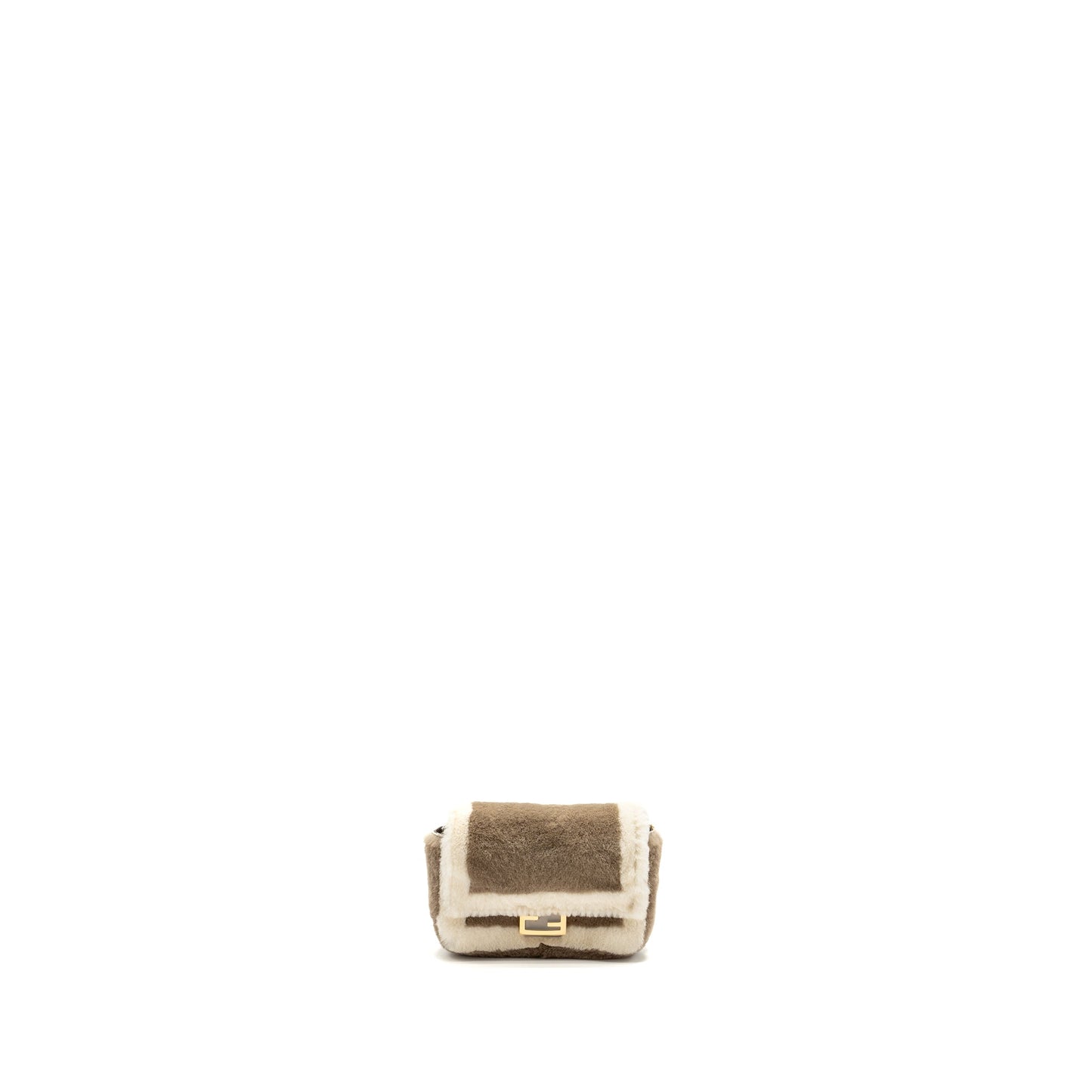 Fendi Nano Chain Baguette Charm Purse Shearling Brown/Cream