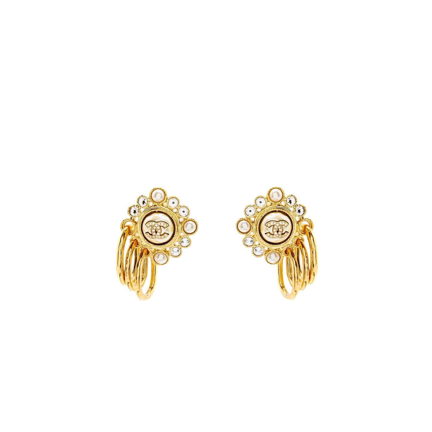 Chanel faux pearl & strass cc drop earrings gold tone